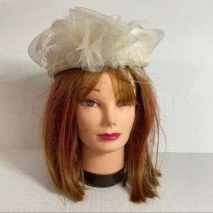 Ivory Fascinator Pillbox Hat Wool w/ White Feather